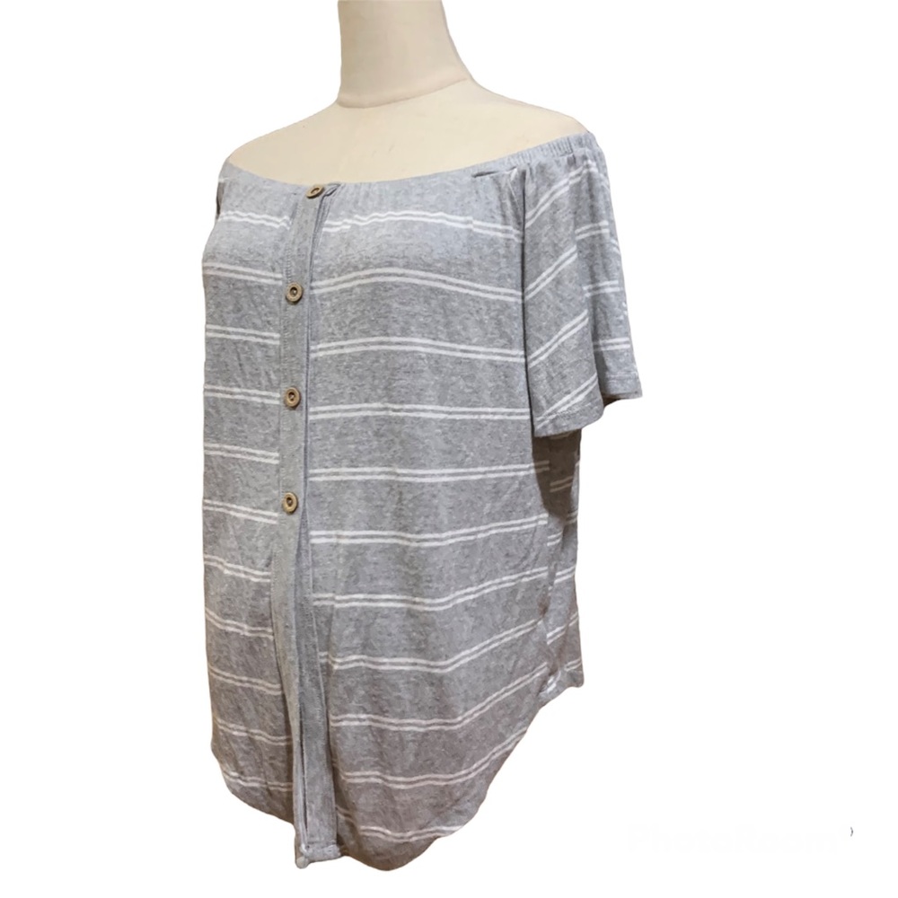 Mandee’s Grey and White Off the Shoulder Striped Hobo Top